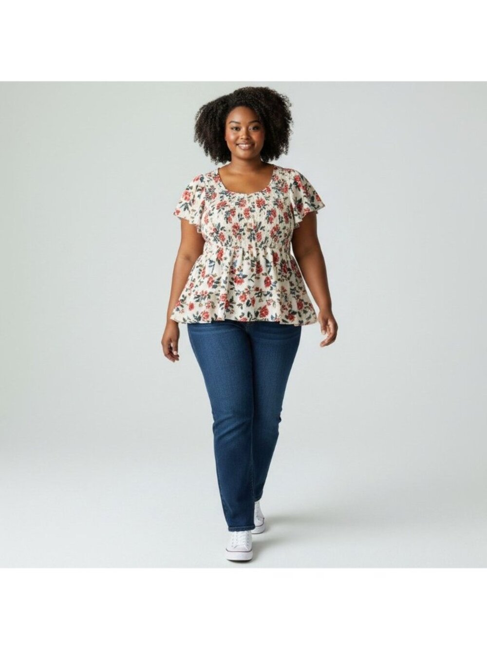 Torrid Floral Smocked Peplum Top Plus Size 3 Ivory-Red Short Flutter Sleeve
